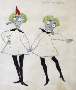 Tove Janssonin luonnos Tiuhtin ja Viuhtin pukuihin Svenska Teaternin esitykseen Momintrollet och kometen vuonna 1949. 