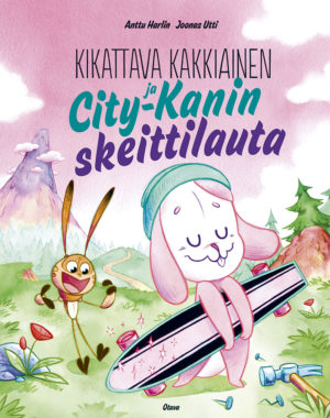 Anttu Harlin ja Joonas Utti luottavat pinkkiin ja muutenkin karamellimaiseen värimaailmaan kuvakirjassaan Kikattava Kakkiainen ja City-Kanin skeittilauta (Otava).