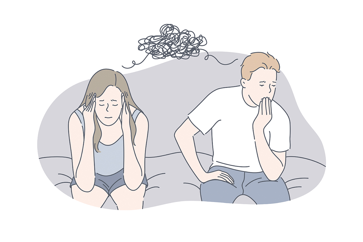 Piirretty kuva, jossa nainen ja mies istuvat sohvalla stressaantuneen näköisinä.