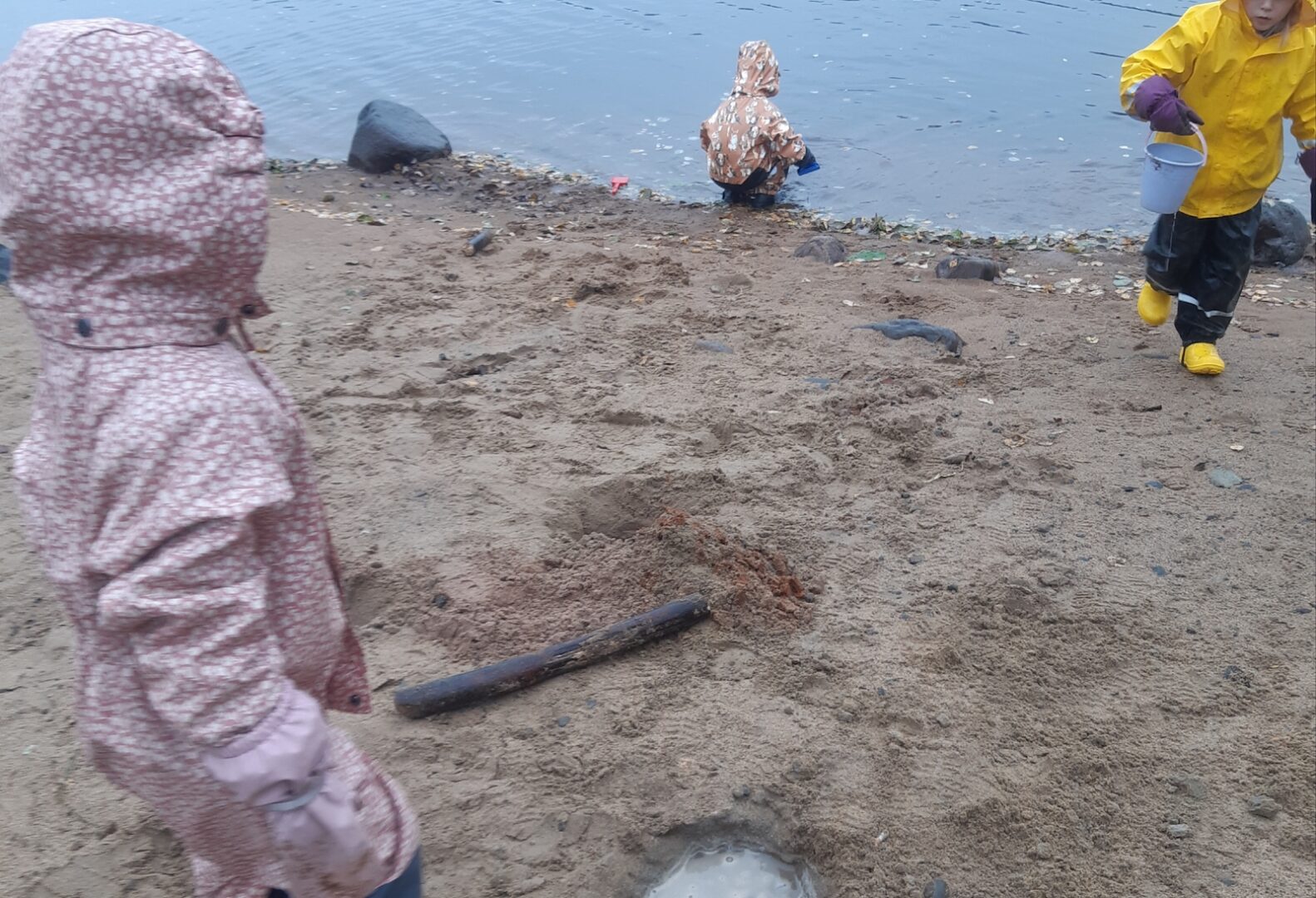 Lapset leikkivät syksyllä rannassa.