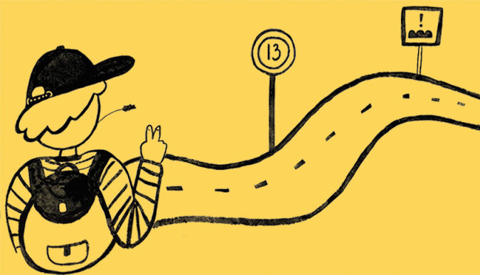 Piirroskuva tiestä, jonka varrella on erilaisia liikennemerkkejä, joissa on ikävuosia.