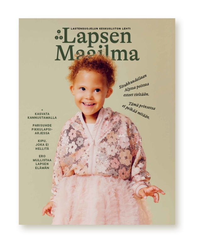 Lapsen Maailman uudistuneen nuemron kannessa pieni, tummaihoinen Alyssa prinsessa-asussa.