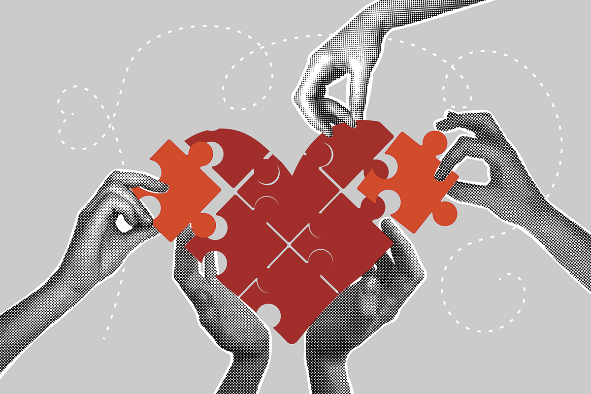 Piirroskuva palapelisydämestä, johon liitetään tai otetaan pois osia monen käden voimin.