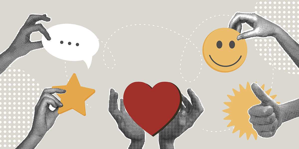 Piirroskuva sydämestä, jota pidellään käsien välissä. Ympärillä on hymynaama ja tähtikuvio.