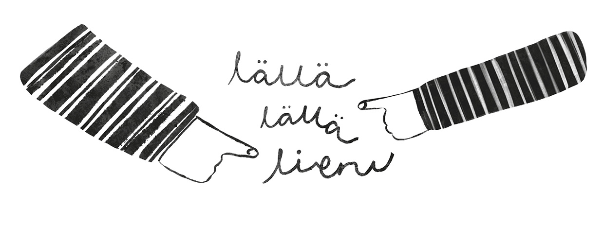 Piirroskuvassa kaksi kättä osoittaa toisiaan ja välissä on lällättely-teksti.