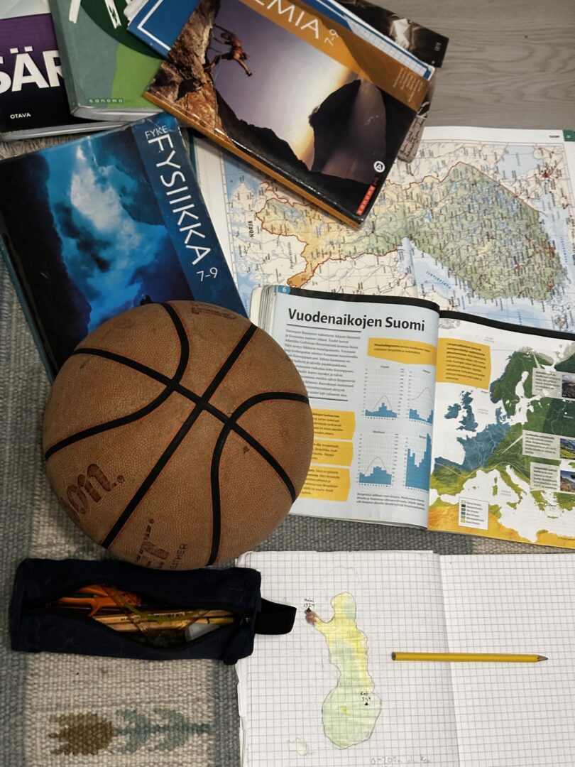 Kuvassa on koulukirjoja, koripallo ja penaali. Alalaidassa on vihko ja lyijykynä