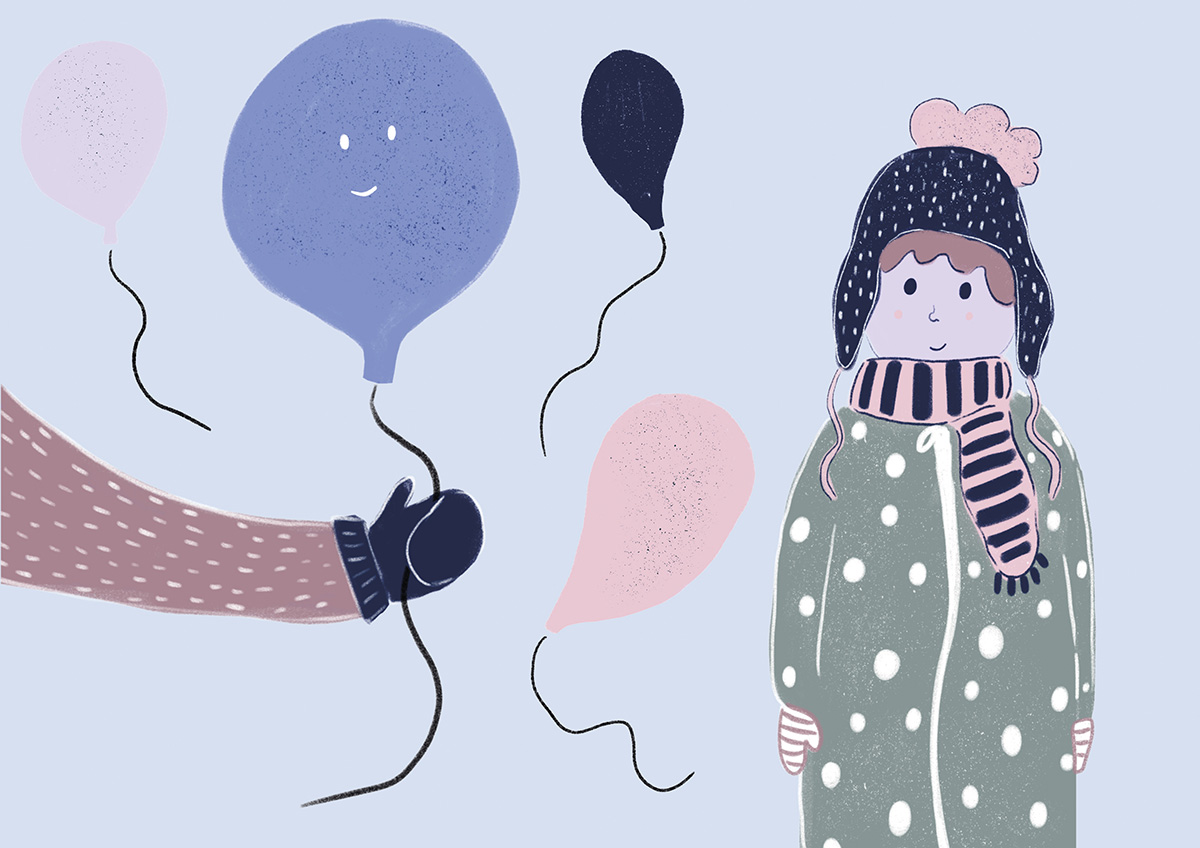Piirroskuva lapsesta, jolle ojennetaan hymyilevää ilmapalloa.