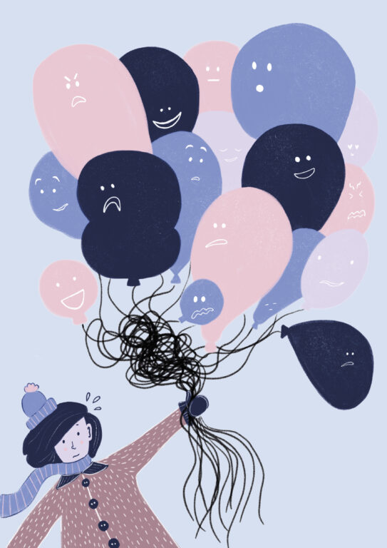 Piirroskuva ihmisestä, joka pitää isoa ilmapallokimppua kädessään. Ilmapalloilla on erilaisia ilmeitä.