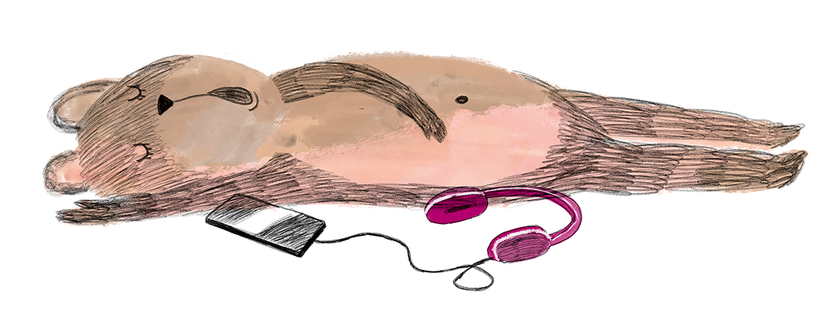 Piirretty kuva, jossa nalle nukkuu lattialla. Vieressä puhelin ja kuulokkeet.