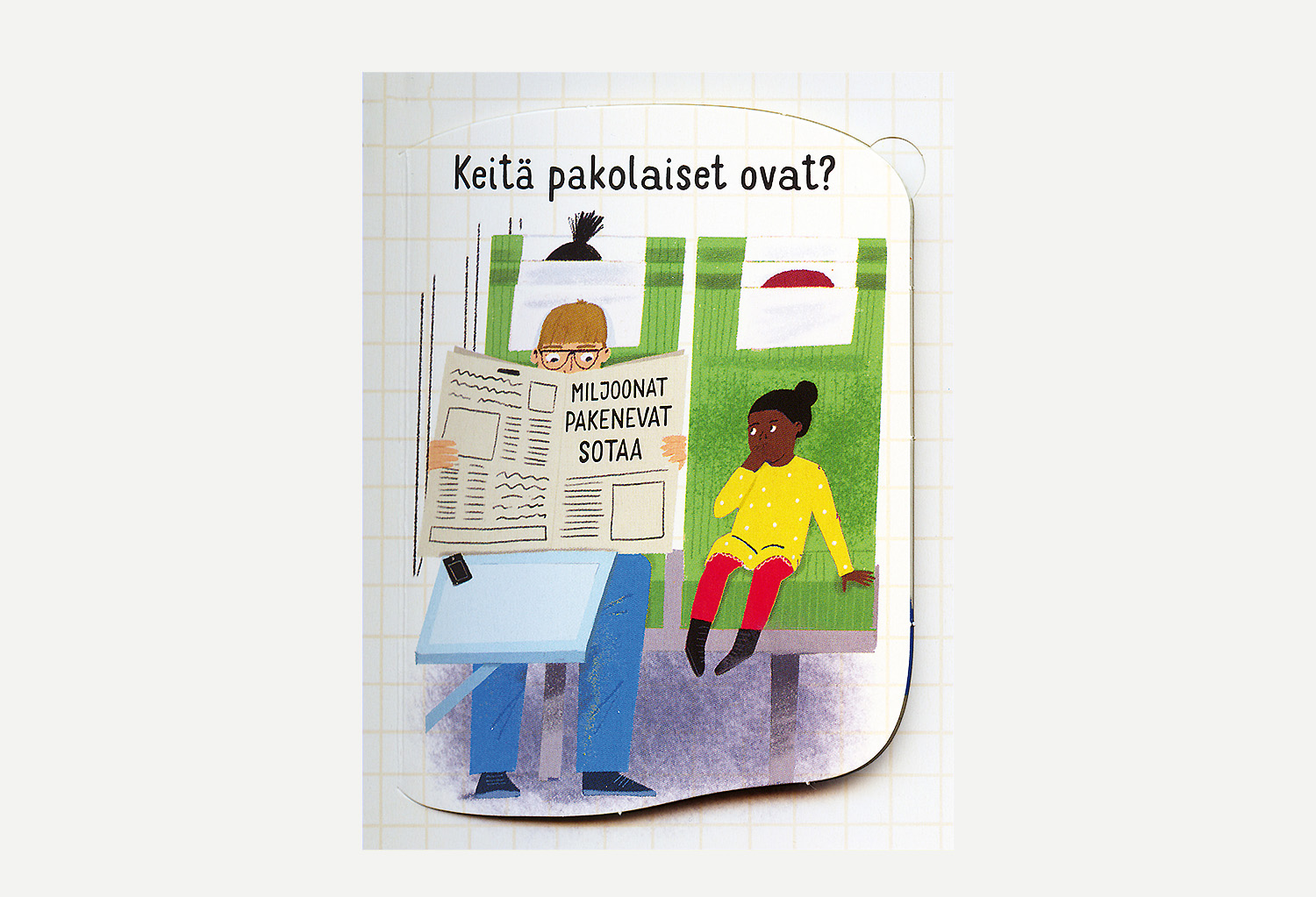 Kuvitettu aikuinen lukee hämmästyneenä lehteä ja tummaihoinen lapsi katsoo vieressä.