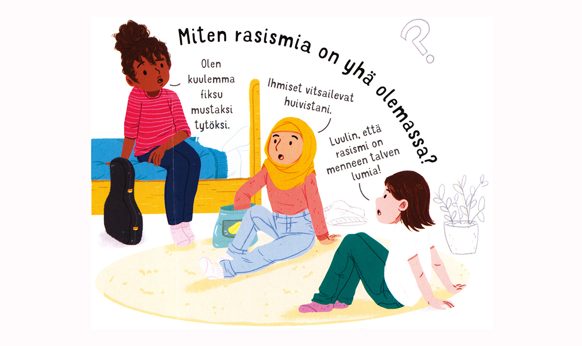 Kuvitetut, eri taustaiset nuoret keskustelevat rasismista.