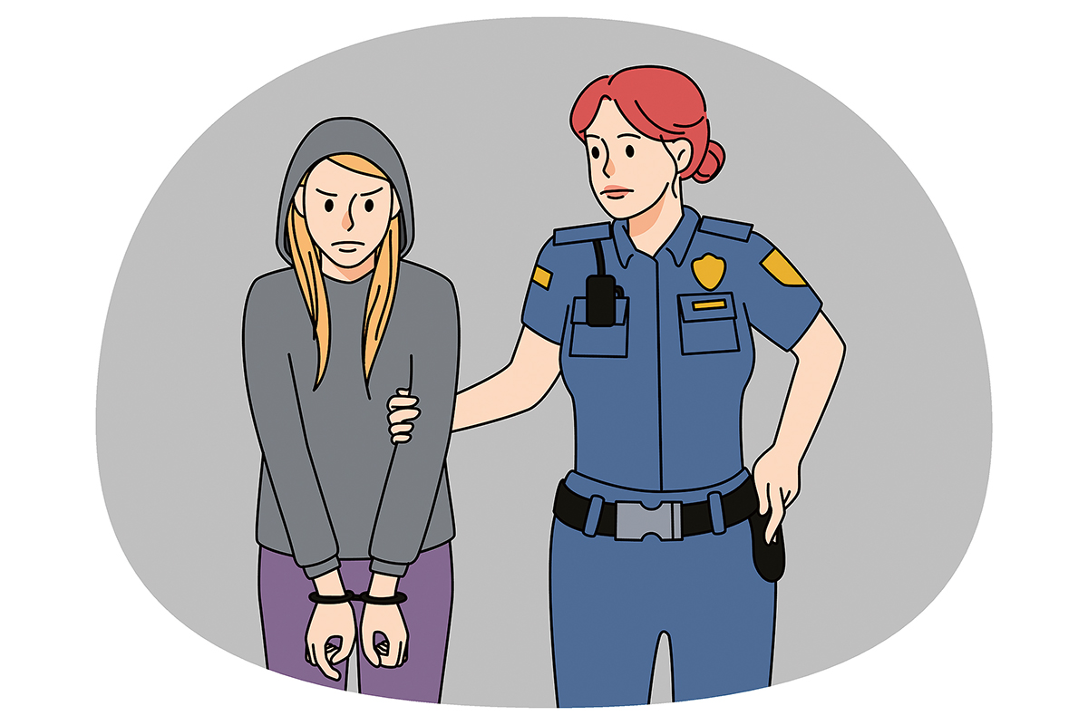 Kuvitus poliisista, joka pidättää nuoren tytön.