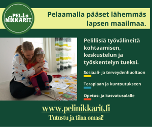 Mainos: Pelinikkarit - pelillisiä työvälineitä kohtaamisen, keskustelun ja työskentelyn tueksi. Pelinikkarit.fi.