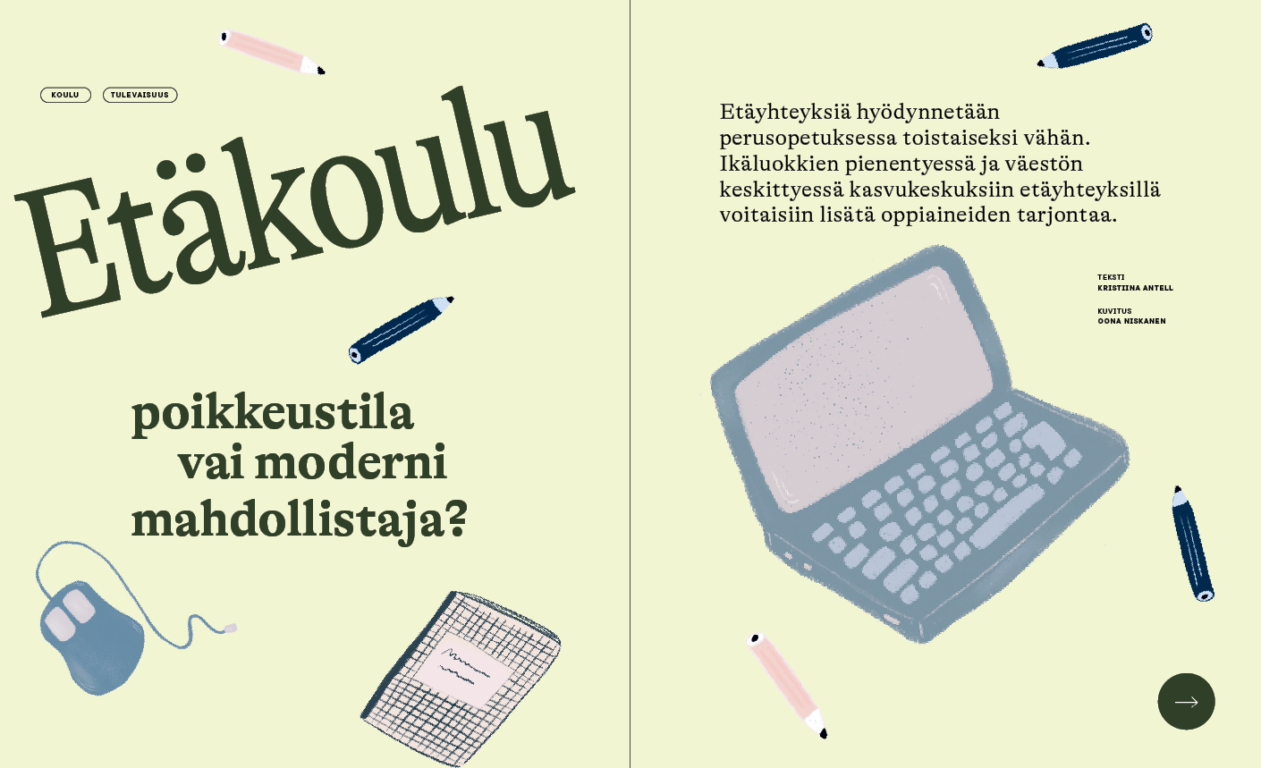 Aukeamalla on otsikko Etäkoulu sekä piirroskuva läppäristä ja muista koulussa käytettävistä välineistä.