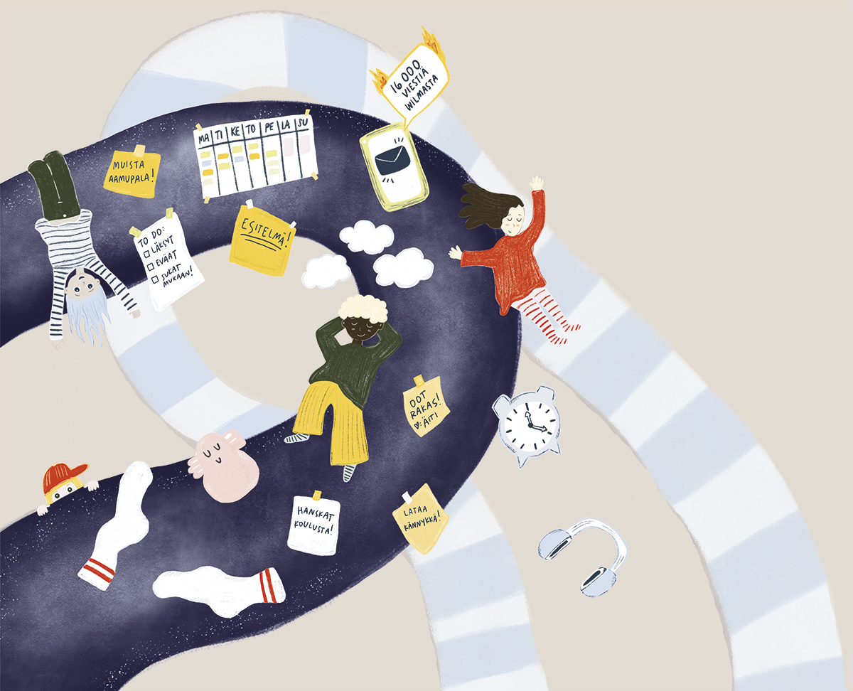 Piirrpskuva, jossa maton tai tien päällä heittelehtii ihminen ja hänelle kuuluvia asioita, kuten sukkia ja kalenteri.