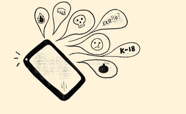 Piirroskuva kännykän ruudusta, josta nousee erilaisia symboleja.