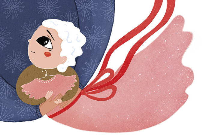 Piirroskuva lapsesta, joka pitää kädessään mekkoa.