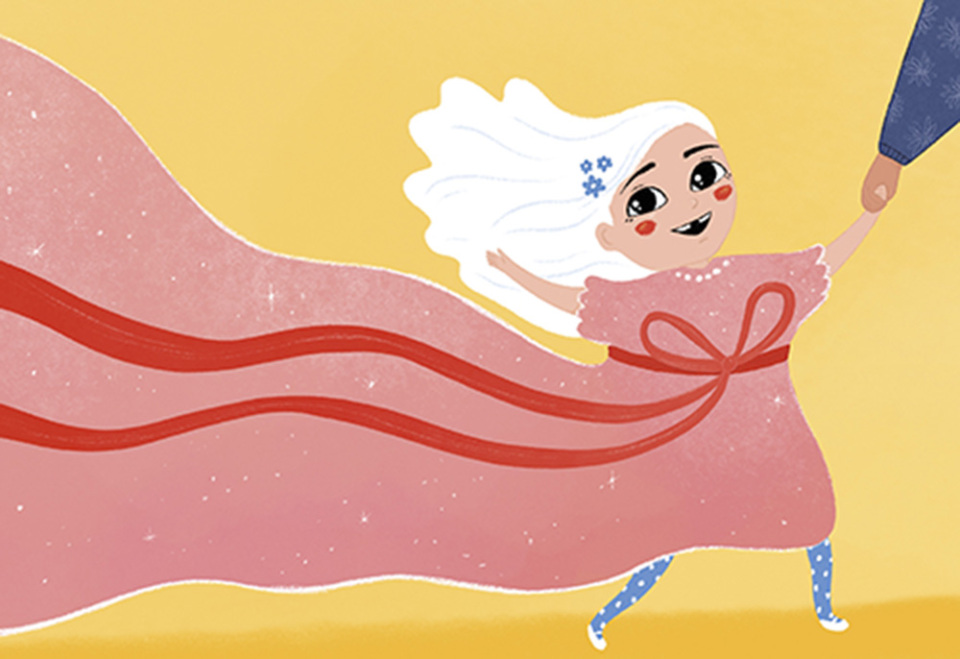 Piirroskuva iloisesta lapsesta mekko päällä.