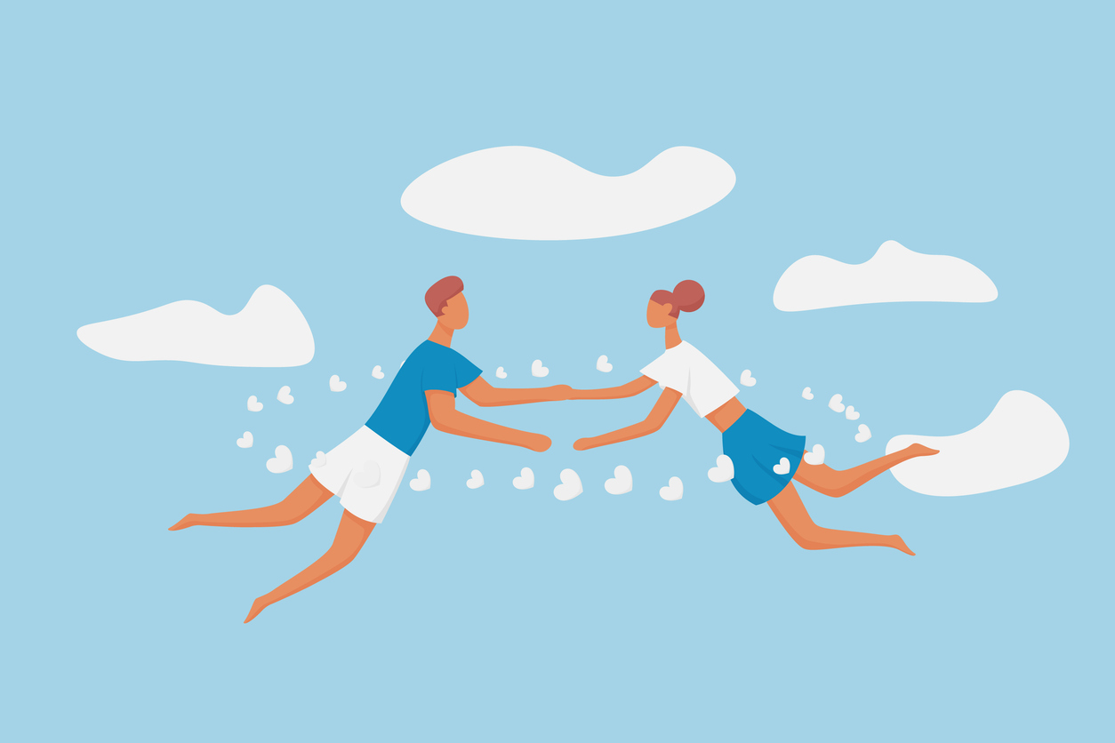 Piirroskuva, jossa kaksi nuorta aikuista leijailee pilvissä ja pitää toisiaan kädestä kiinni.
