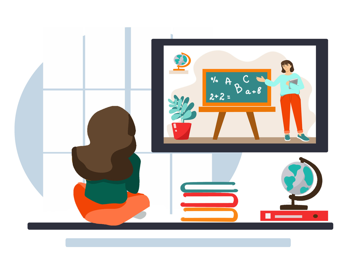 Piirroskuva lapsesta, joka istuu lattialla näytön edessä. Ruudulla on hänen opettajansa.