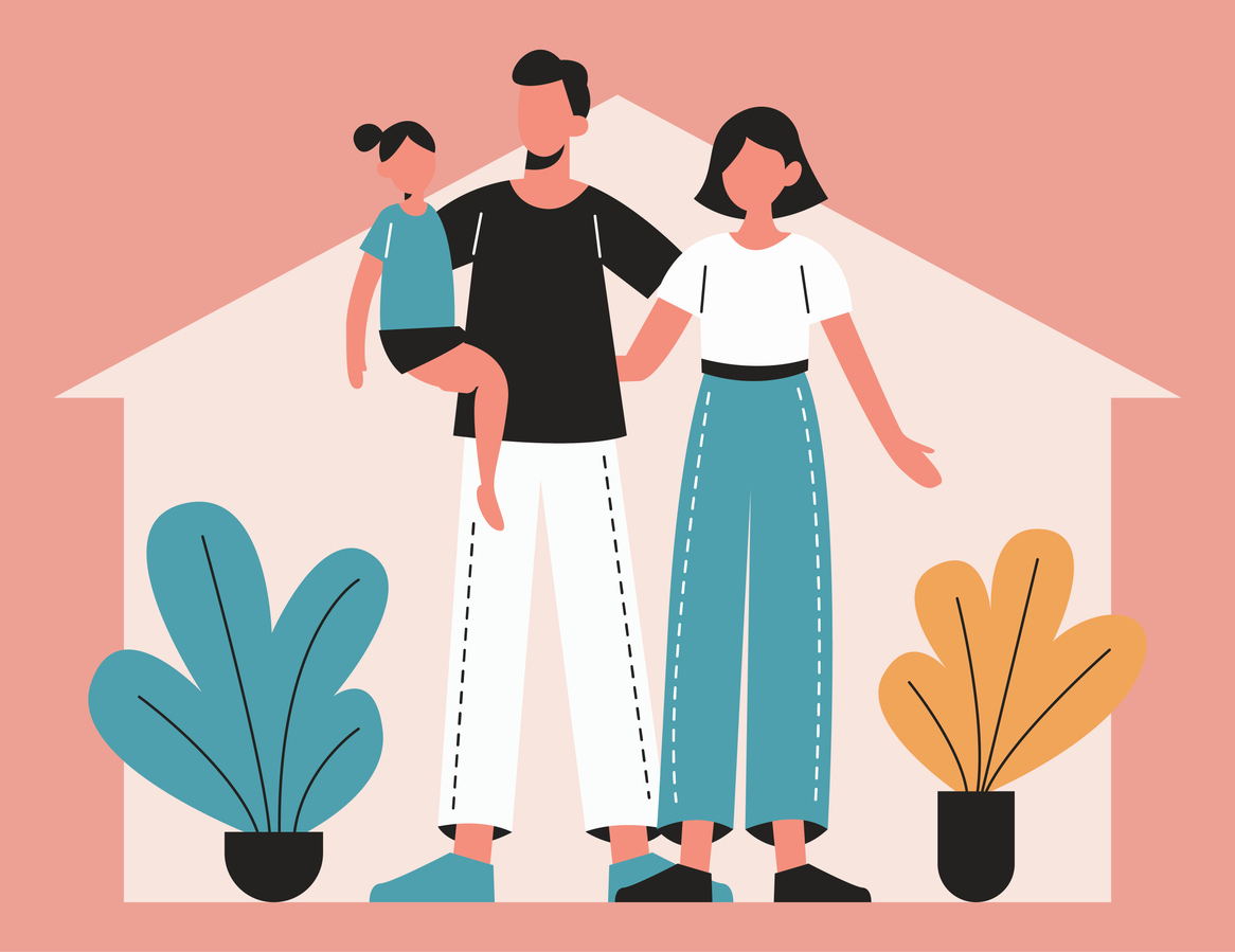 Kuvituskuva perheestä, jonka taustalla näkyy talo ja vieressä isoja viherkasveja.