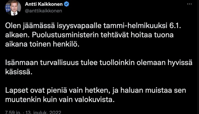 Kiitos Antti Kaikkonen esimerkillisestä päätöksestä jäädä isyysvapaalle: ”On kyettävä laittamaan myös perhe etusijalle”