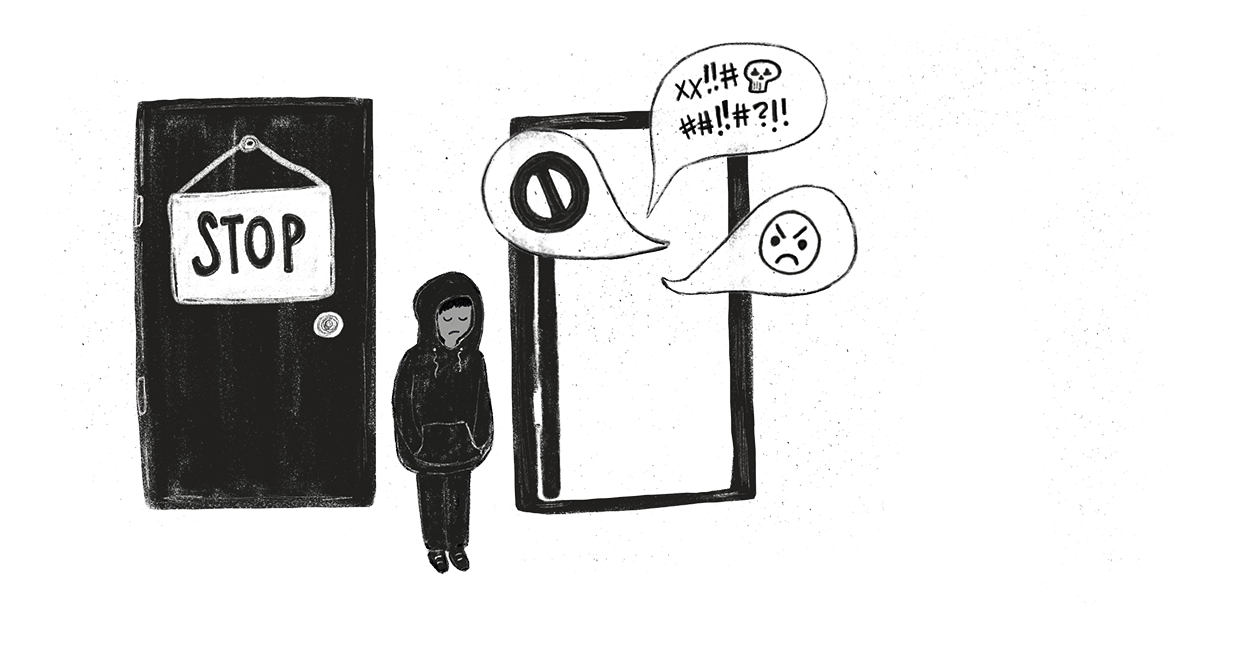 Mustavalkoinen piirroskuva nuoresta, jonka ympärillä on vihamielisiä puhekuplia.