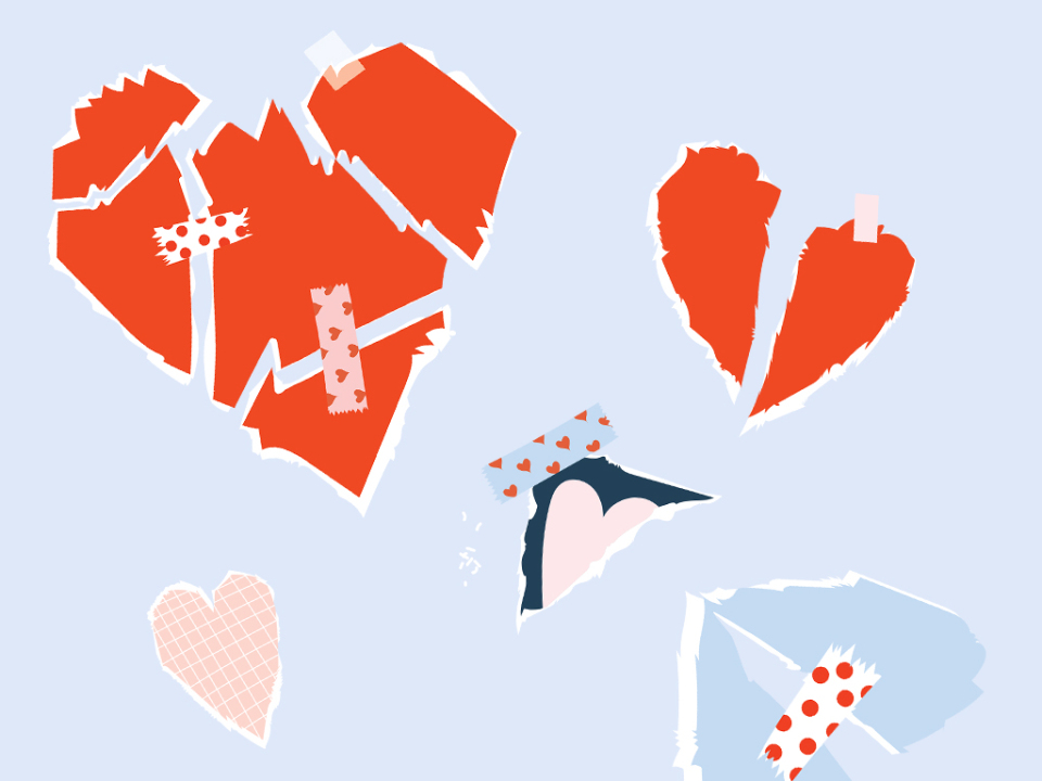 Piirroskuva, jossa revitty paperisydän, jota on paikattu teipillä.